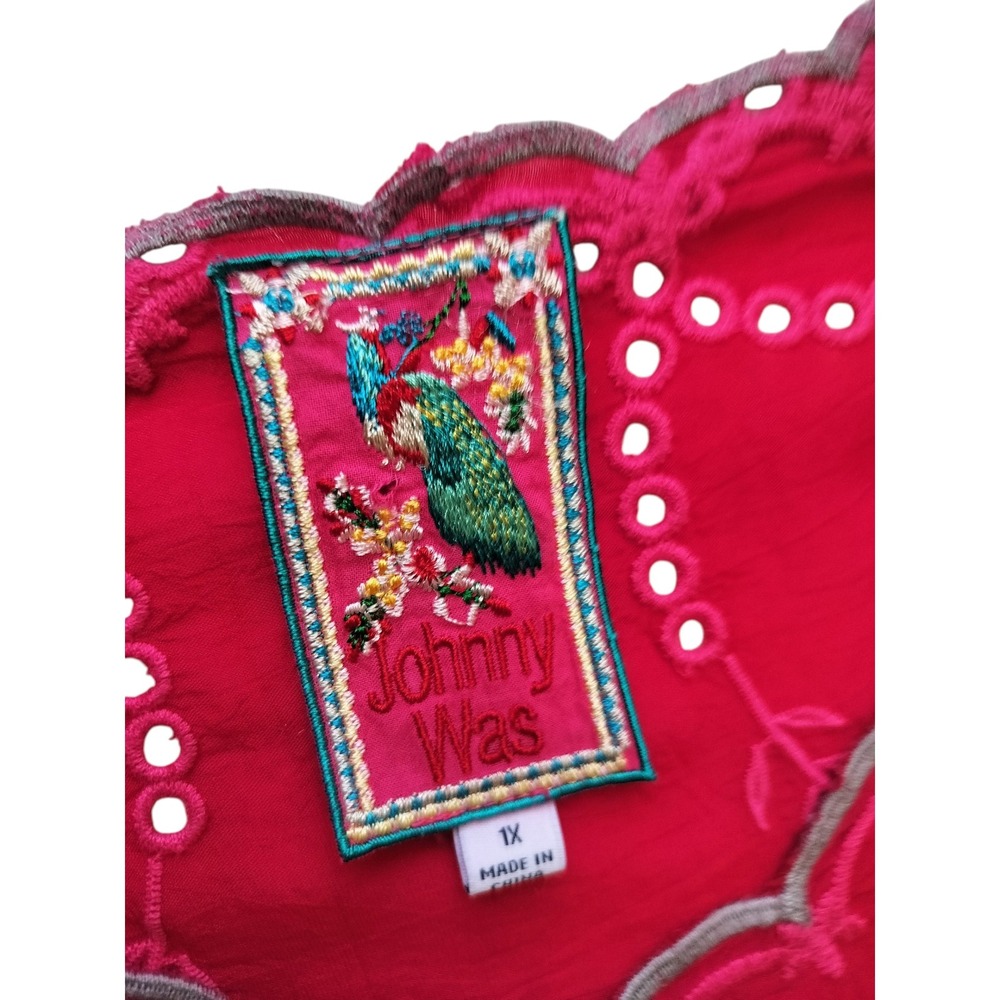 Johnny Was C13579 Red Embroidered Tunic Top 1X Plus Size 100% Cupra Rayon Boho - Picture 11 of 12